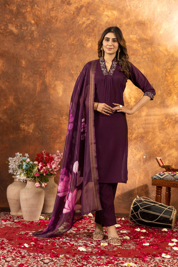 Roman Silk Embroidery Sequins Straight Kurti Pant Dupatta Set