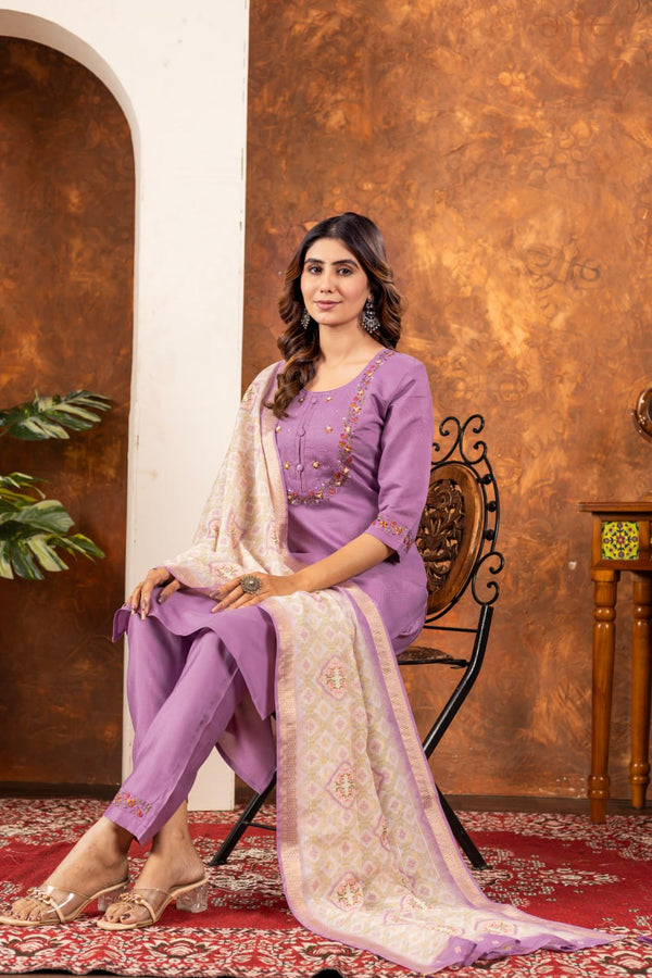 Marina Silk Multi Embroidery Straight Kurti Pant Dupatta Set
