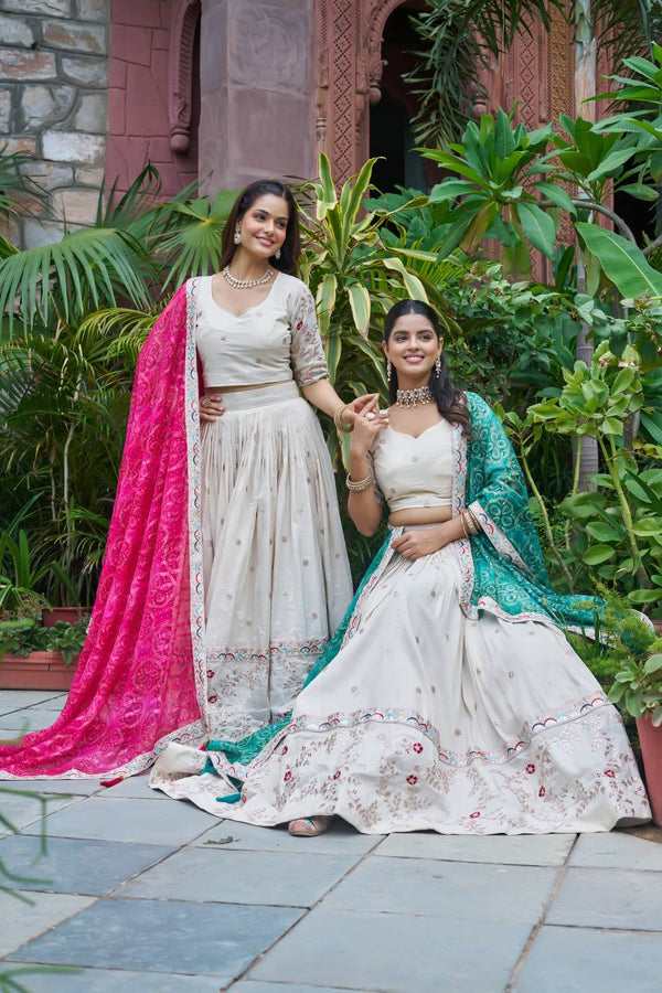 Cream Pure Tissue Silk Embroidered Lehenga Set