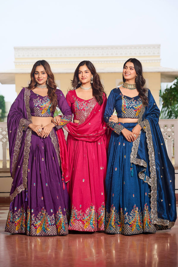 Pure Vichitra Embroidered Festival Lehenga Choli with Dupatta - Tiamgee