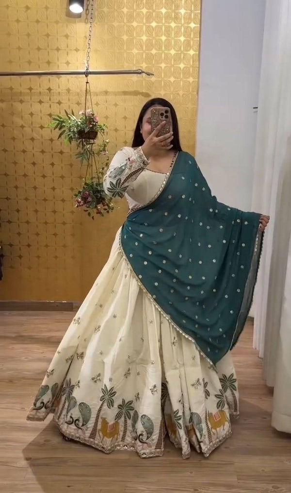 Off White Navratri Special Pure Cotton Embroidered Lehenga Choli with Dupatta