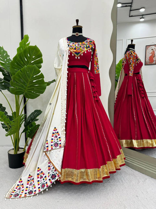 Red Rayon Silk Mirror Work Lehenga Choli with Dupatta