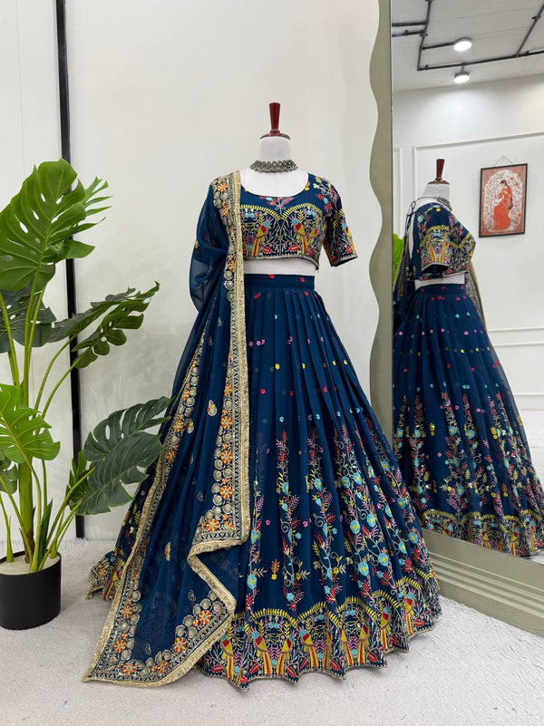 Blue Faux Georgette Embroidered Lehenga Choli Set with Dupatta - Tiamgee