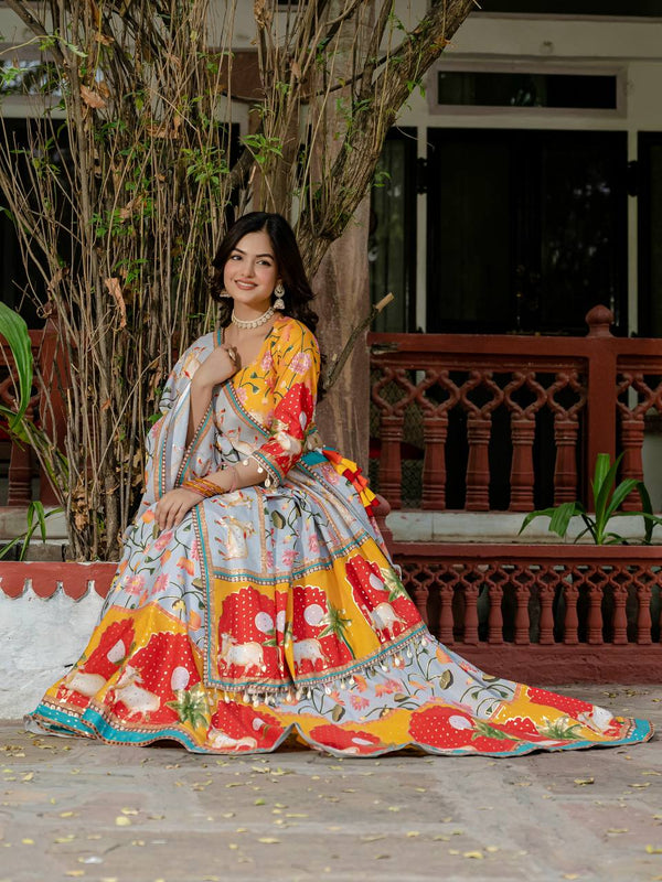 Foil Print Crepe Silk Lehenga with Choli and Dupatta