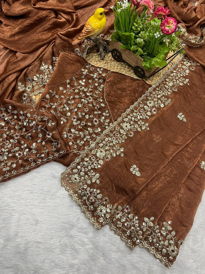 Chocolate Brown Frendy Chiffon Saree with Sequin & Embroidery Work - Tiamgee
