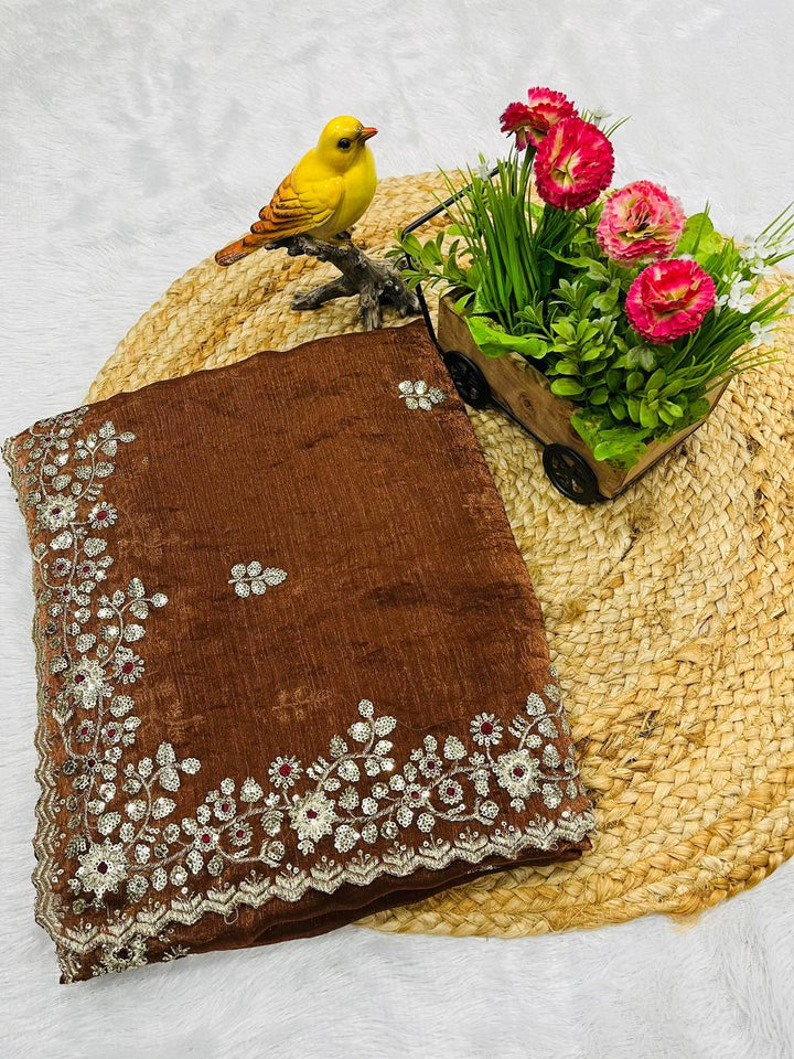 Chocolate Brown Frendy Chiffon Saree with Sequin & Embroidery Work - Tiamgee