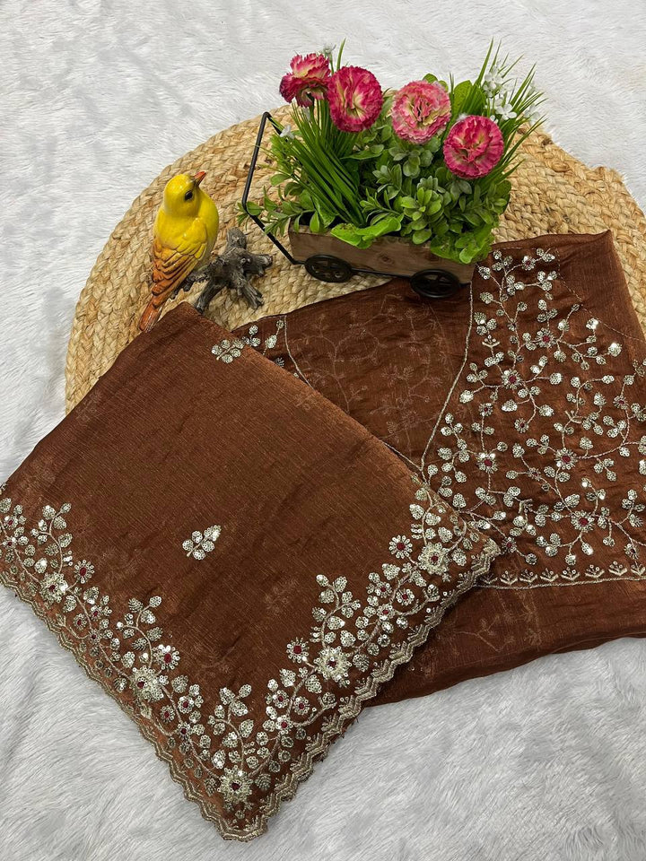Chocolate Brown Frendy Chiffon Saree with Sequin & Embroidery Work - Tiamgee