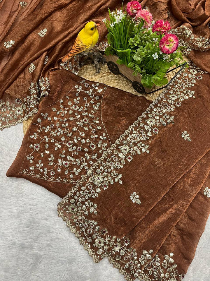 Chocolate Brown Frendy Chiffon Saree with Sequin & Embroidery Work - Tiamgee