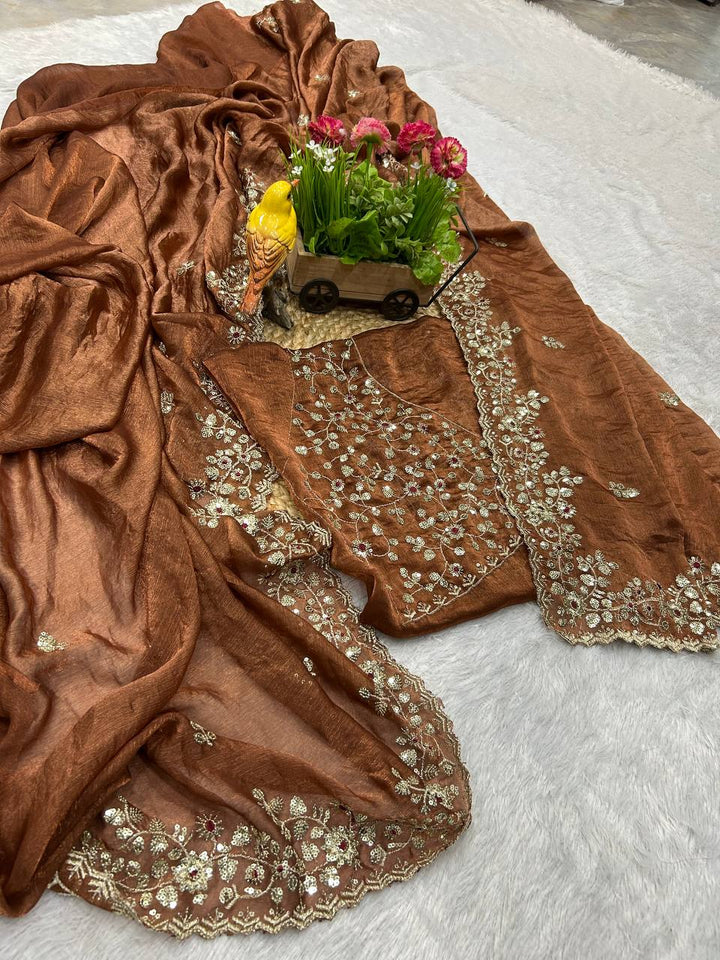 Chocolate Brown Frendy Chiffon Saree with Sequin & Embroidery Work - Tiamgee