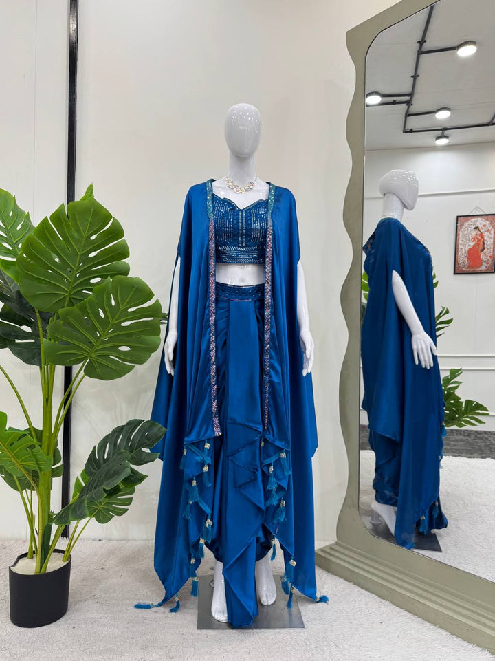 Satin Silk Dhoti Style Set with Shrug & Choli - Tiamgee