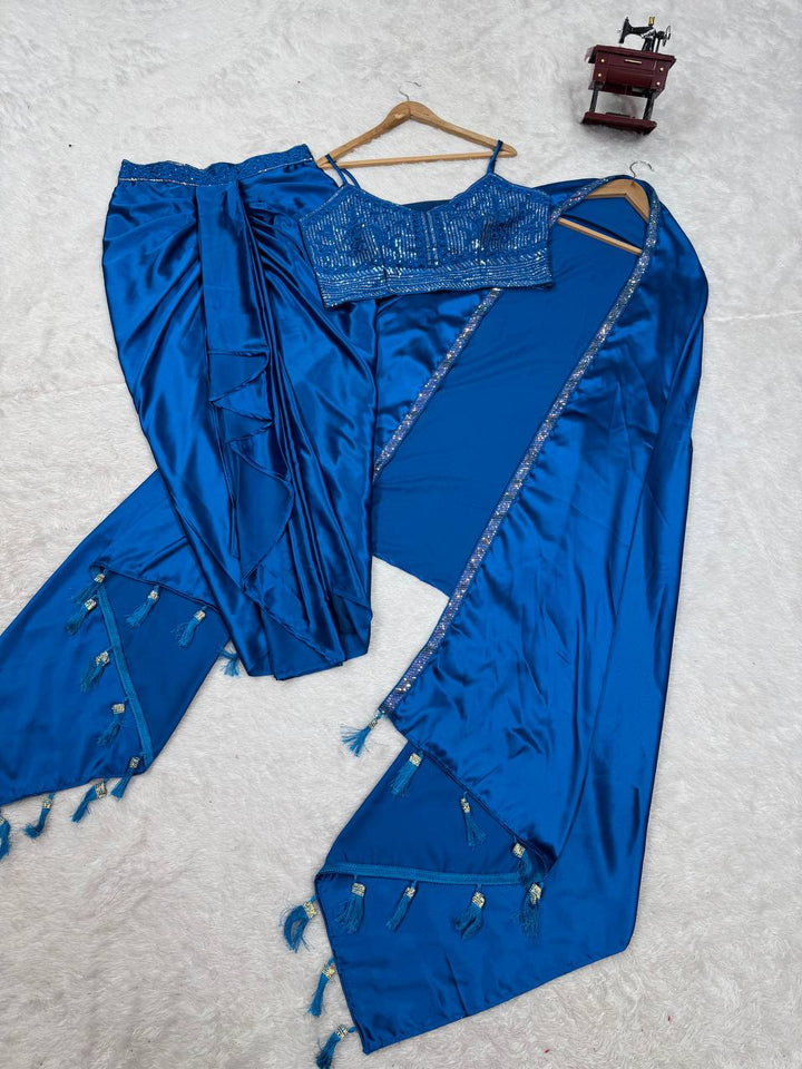 Satin Silk Dhoti Style Set with Shrug & Choli - Tiamgee