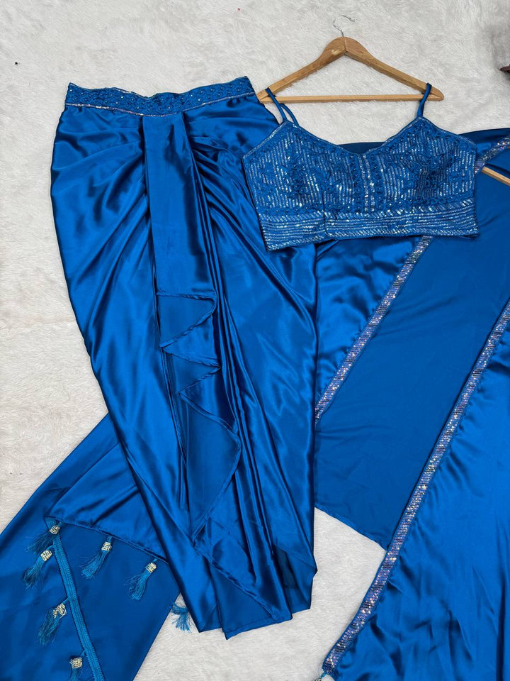 Satin Silk Dhoti Style Set with Shrug & Choli - Tiamgee