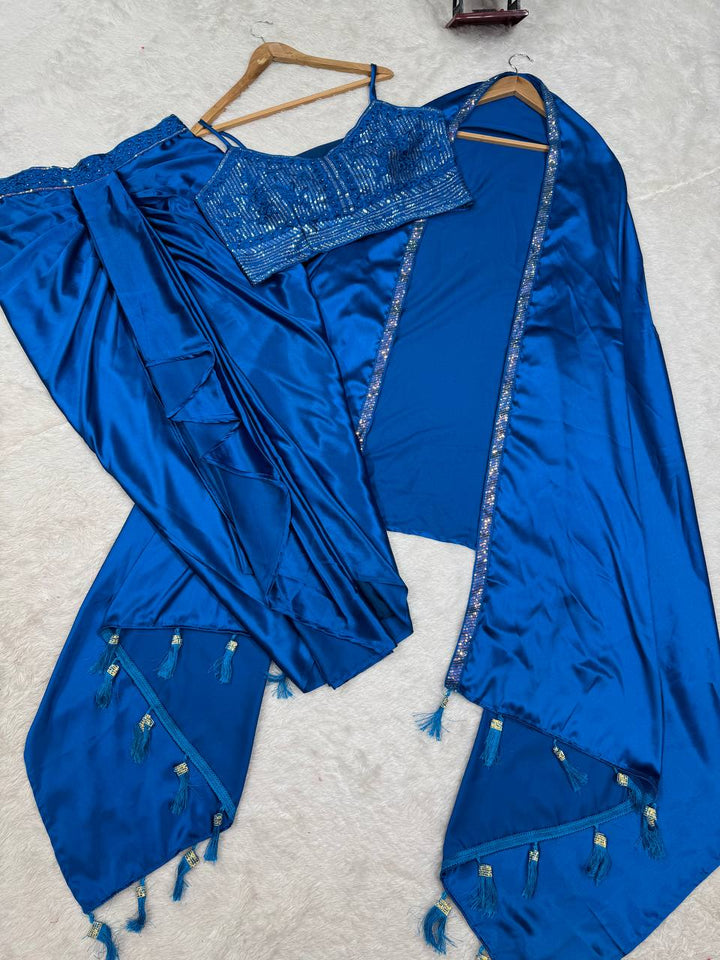 Satin Silk Dhoti Style Set with Shrug & Choli - Tiamgee