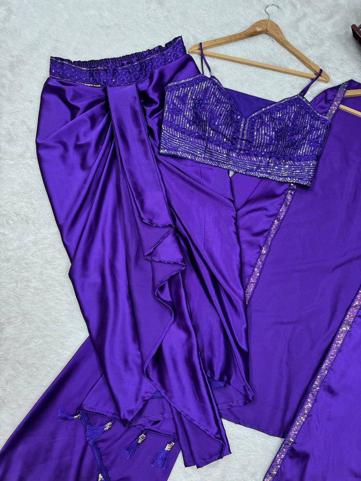 Satin Silk Dhoti Style Set with Shrug & Choli - Tiamgee
