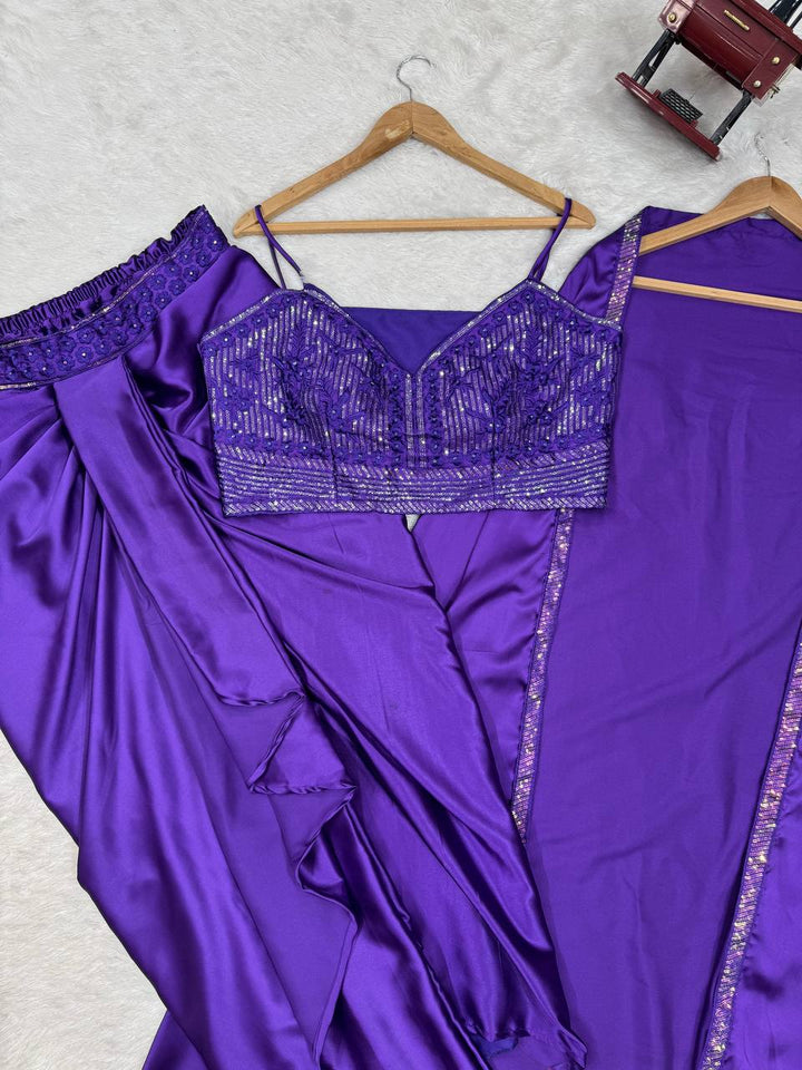Satin Silk Dhoti Style Set with Shrug & Choli - Tiamgee