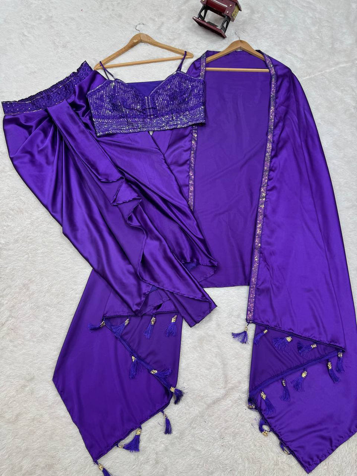 Satin Silk Dhoti Style Set with Shrug & Choli - Tiamgee