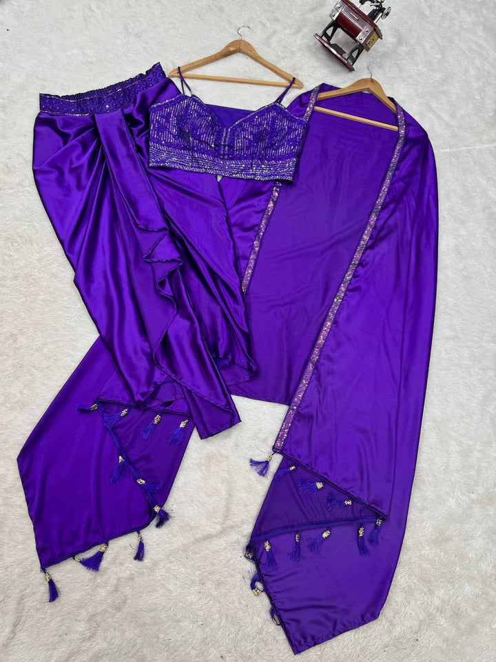 Satin Silk Dhoti Style Set with Shrug & Choli - Tiamgee