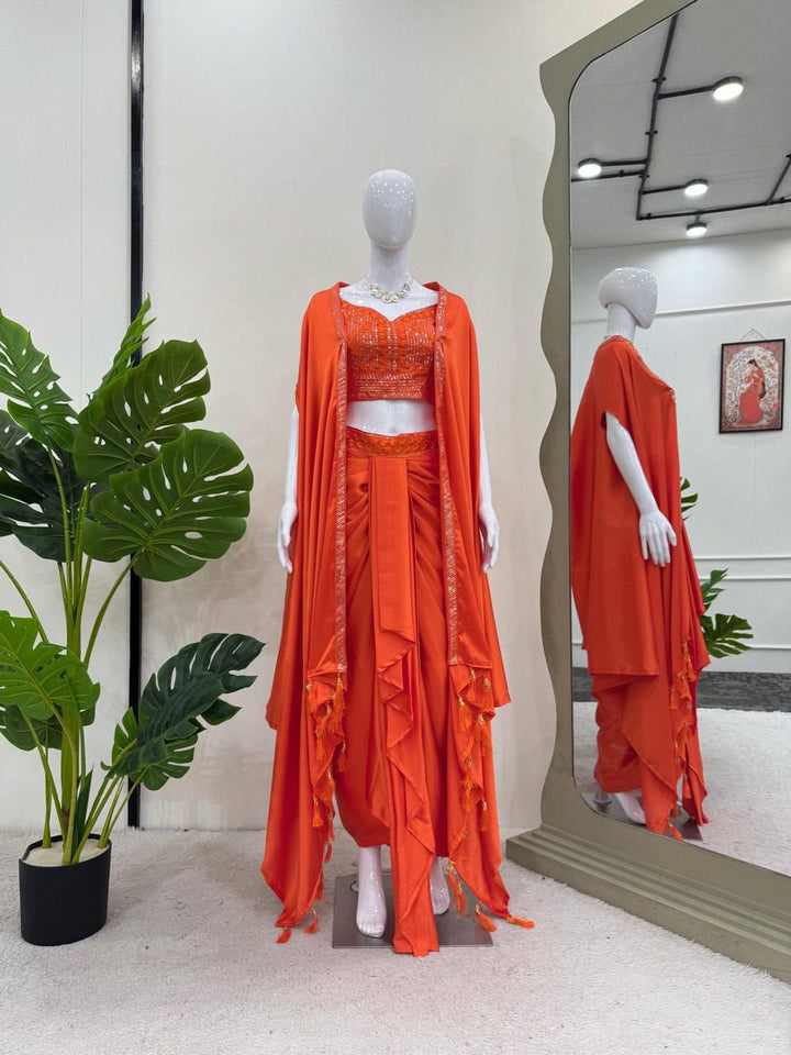 Satin Silk Dhoti Style Set with Shrug & Choli - Tiamgee