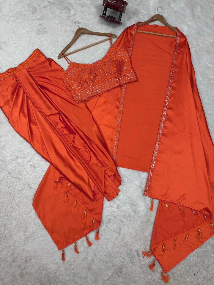 Satin Silk Dhoti Style Set with Shrug & Choli - Tiamgee