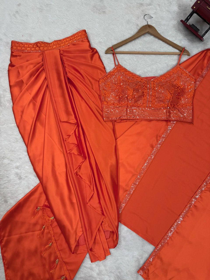 Satin Silk Dhoti Style Set with Shrug & Choli - Tiamgee