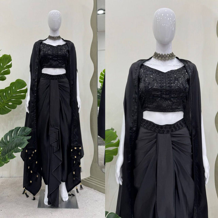 Satin Silk Dhoti Style Set with Shrug & Choli - Tiamgee