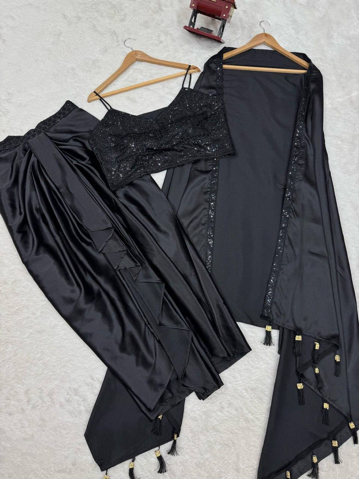 Satin Silk Dhoti Style Set with Shrug & Choli - Tiamgee