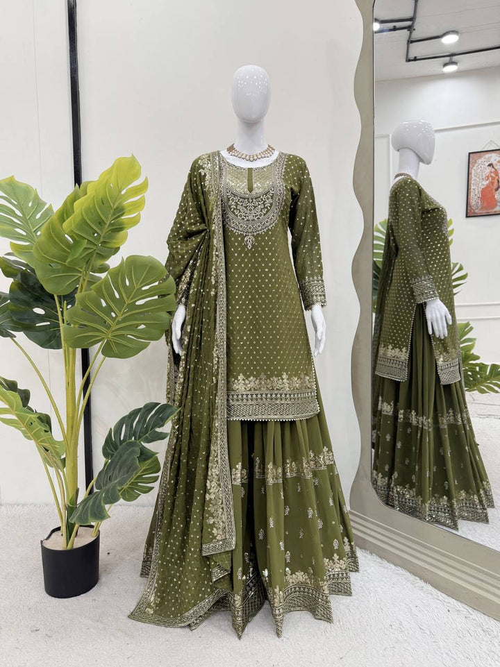Olive Green & Red Faux Georgette Embroidered Sharara Suit - Tiamgee