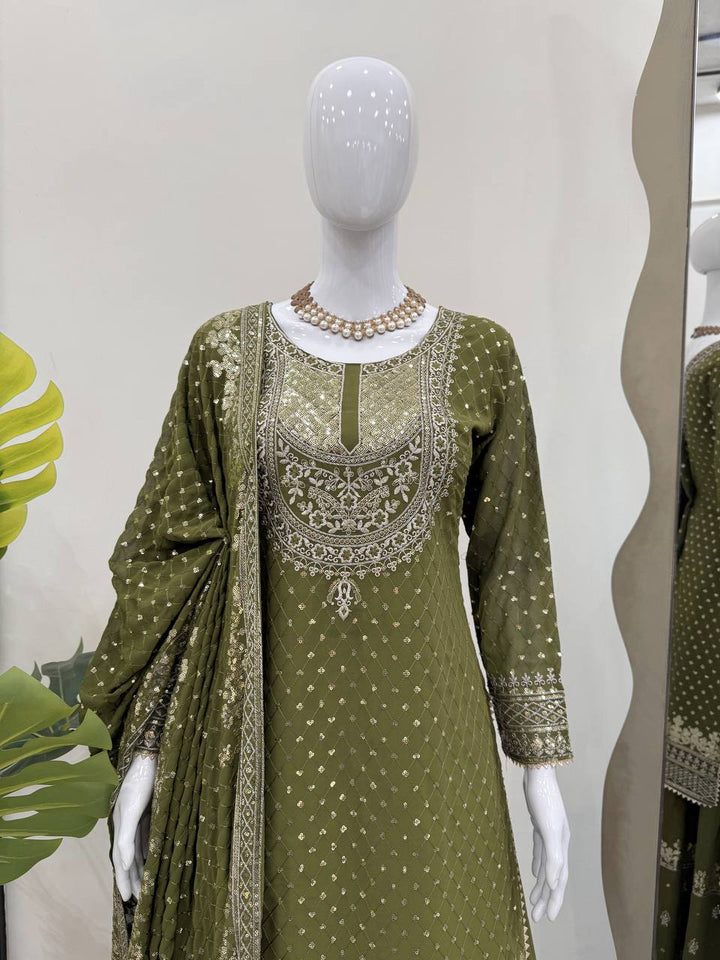 Olive Green & Red Faux Georgette Embroidered Sharara Suit - Tiamgee