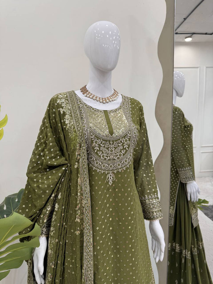 Olive Green & Red Faux Georgette Embroidered Sharara Suit - Tiamgee