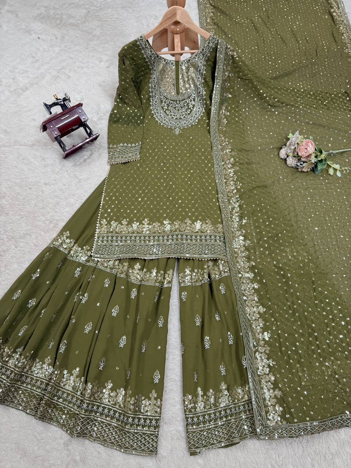 Olive Green & Red Faux Georgette Embroidered Sharara Suit - Tiamgee