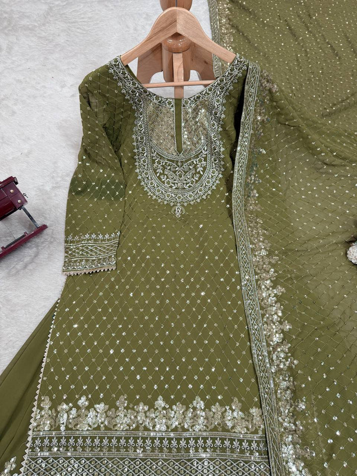Olive Green & Red Faux Georgette Embroidered Sharara Suit - Tiamgee