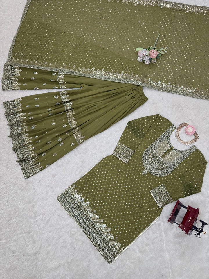 Olive Green & Red Faux Georgette Embroidered Sharara Suit - Tiamgee
