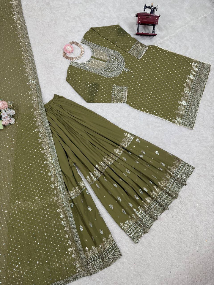 Olive Green & Red Faux Georgette Embroidered Sharara Suit - Tiamgee