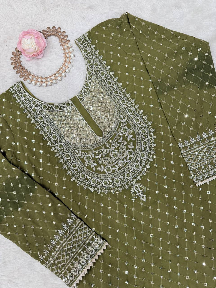 Olive Green & Red Faux Georgette Embroidered Sharara Suit - Tiamgee