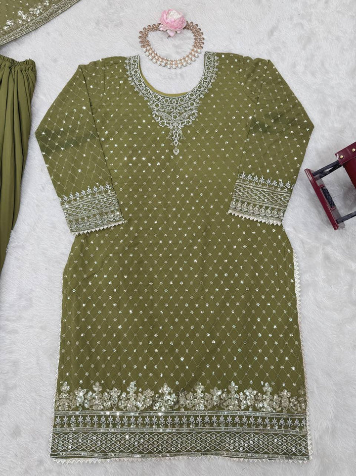 Olive Green & Red Faux Georgette Embroidered Sharara Suit - Tiamgee
