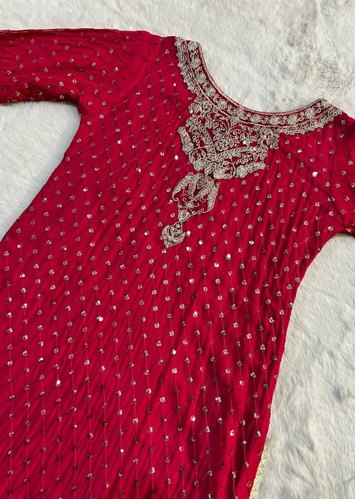 Olive Green & Red Faux Georgette Embroidered Sharara Suit - Tiamgee