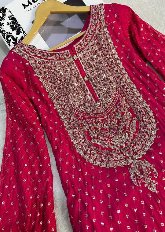 Olive Green & Red Faux Georgette Embroidered Sharara Suit - Tiamgee