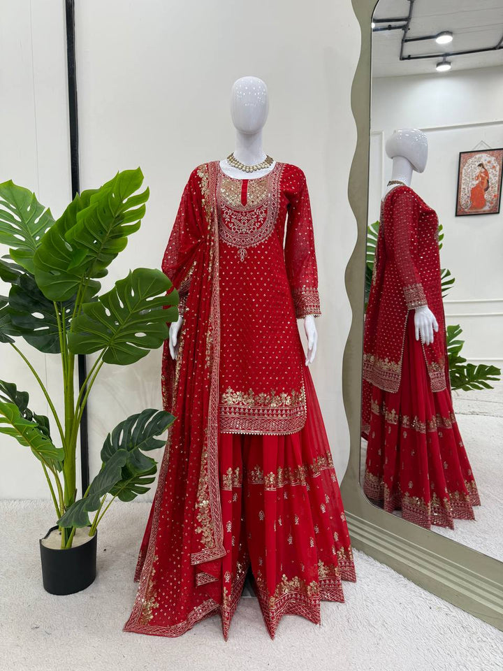 Olive Green & Red Faux Georgette Embroidered Sharara Suit - Tiamgee