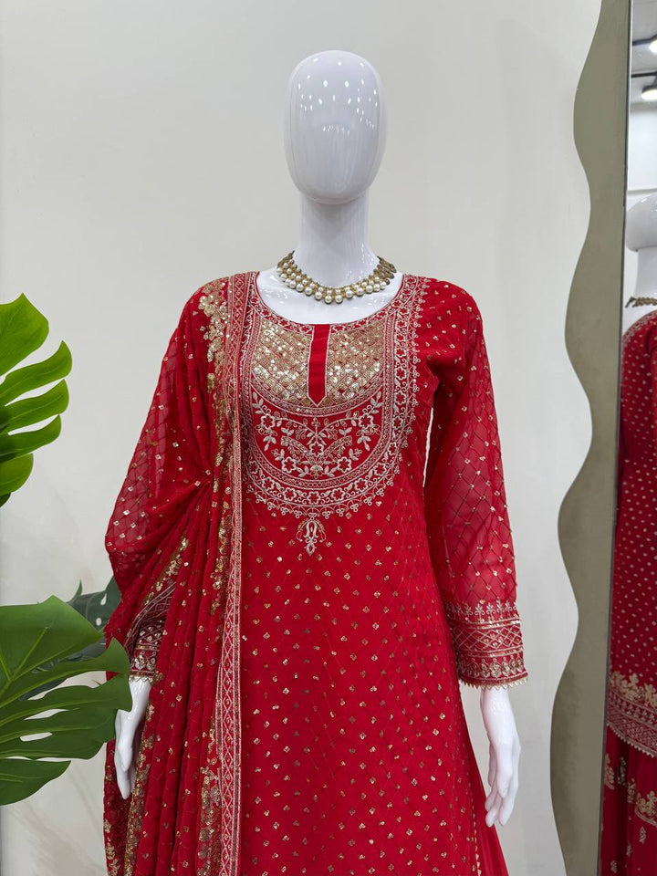 Olive Green & Red Faux Georgette Embroidered Sharara Suit - Tiamgee