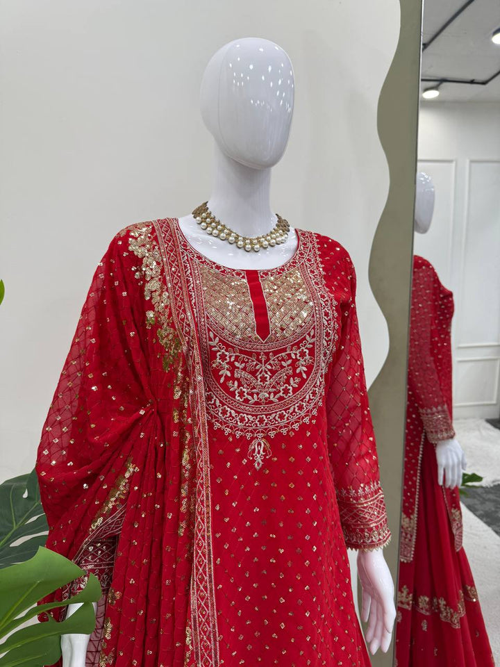 Olive Green & Red Faux Georgette Embroidered Sharara Suit - Tiamgee