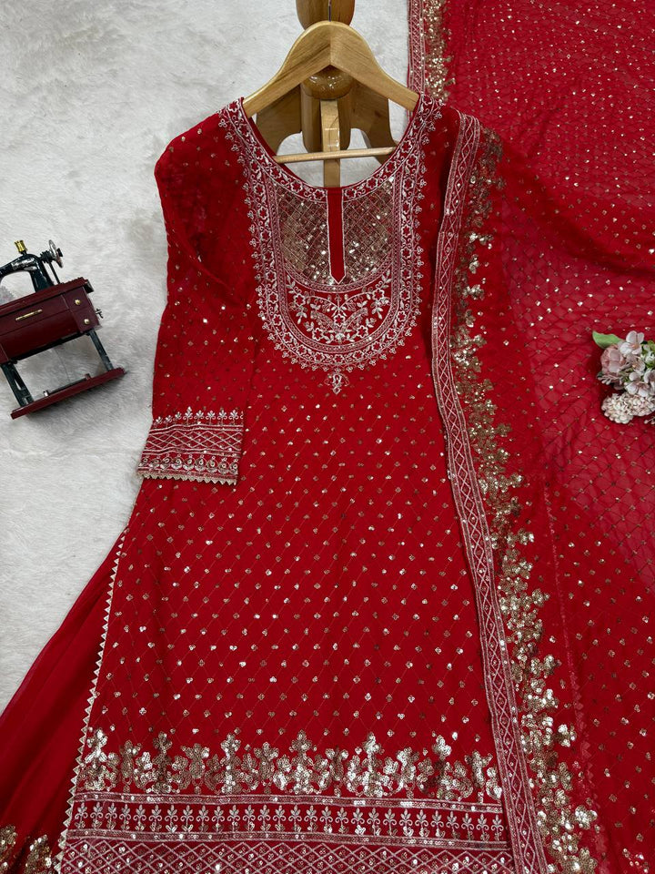 Olive Green & Red Faux Georgette Embroidered Sharara Suit - Tiamgee