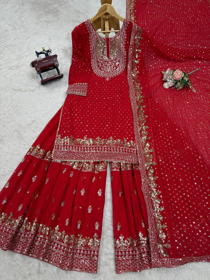Olive Green & Red Faux Georgette Embroidered Sharara Suit - Tiamgee