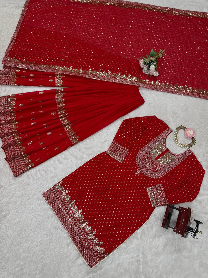 Olive Green & Red Faux Georgette Embroidered Sharara Suit - Tiamgee