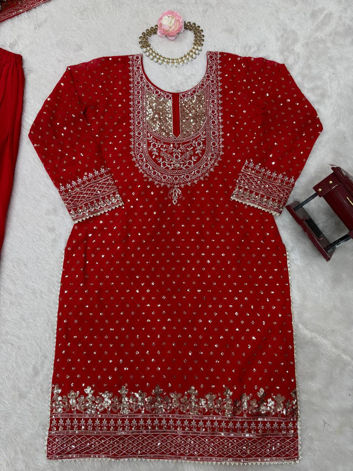 Olive Green & Red Faux Georgette Embroidered Sharara Suit - Tiamgee