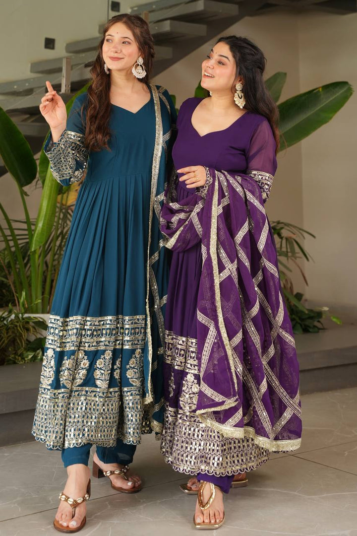 Teal & Purple Faux Georgette Anarkali Suit with Dupatta - Tiamgee