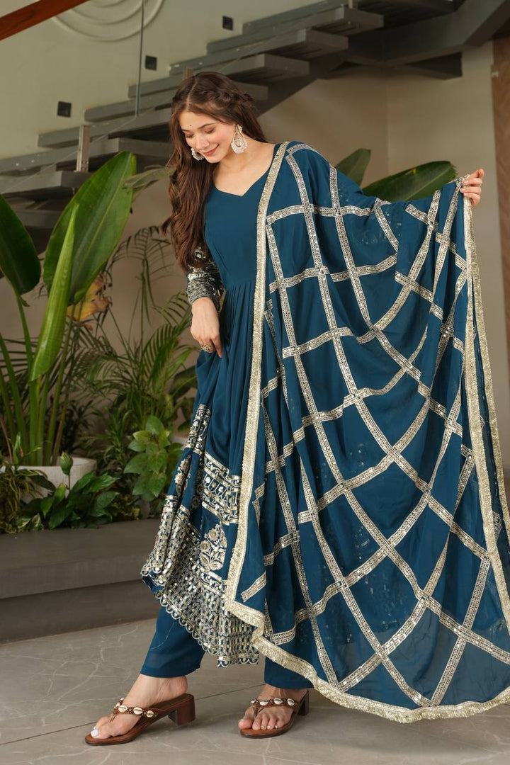 Teal & Purple Faux Georgette Anarkali Suit with Dupatta - Tiamgee