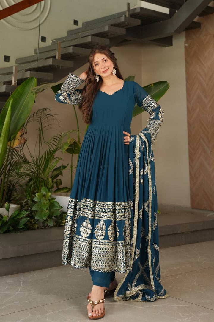 Teal & Purple Faux Georgette Anarkali Suit with Dupatta - Tiamgee