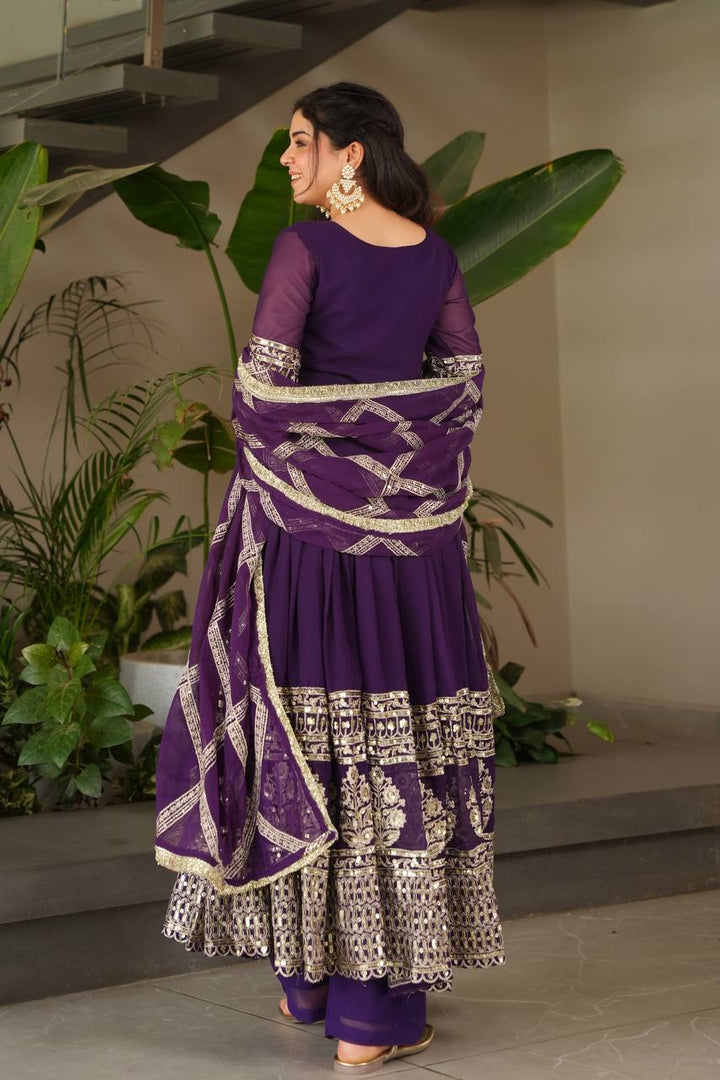 Teal & Purple Faux Georgette Anarkali Suit with Dupatta - Tiamgee