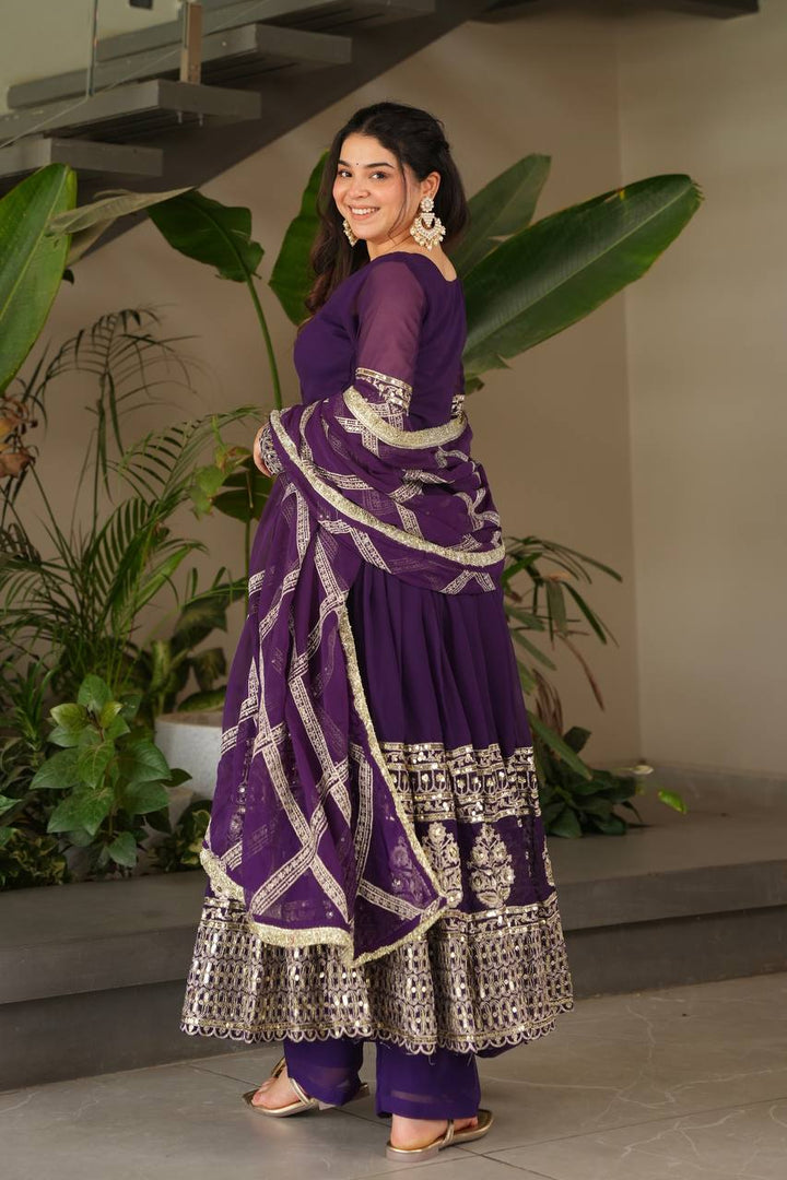 Teal & Purple Faux Georgette Anarkali Suit with Dupatta - Tiamgee
