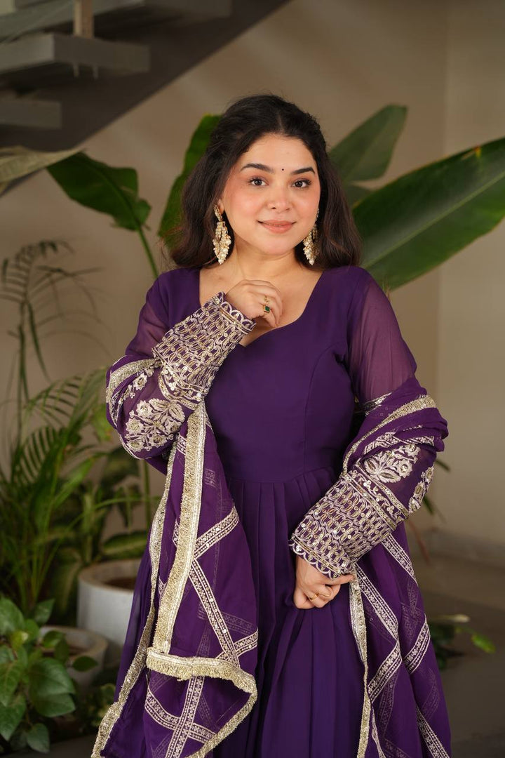 Teal & Purple Faux Georgette Anarkali Suit with Dupatta - Tiamgee